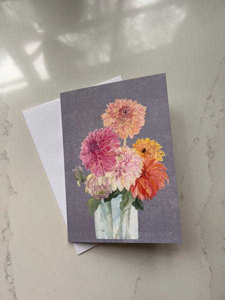 birthday card / pleasure of growing old / framable card art / watercolor dahlias bouquet