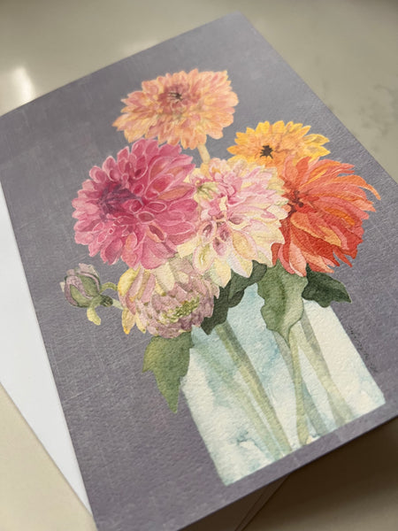 birthday card / pleasure of growing old / framable card art / watercolor dahlias bouquet