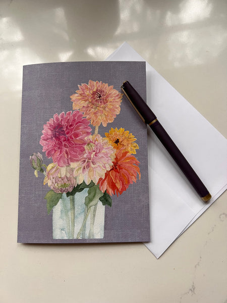 birthday card / pleasure of growing old / framable card art / watercolor dahlias bouquet