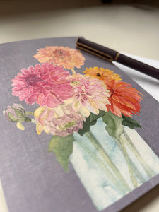 birthday card / pleasure of growing old / framable card art / watercolor dahlias bouquet