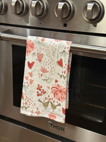 Valentine's Day kitchen towel, 100% Cotton, all over Love pattern tea towel, love birds and hearts, Hostess, Housewarming, Valentine Gift