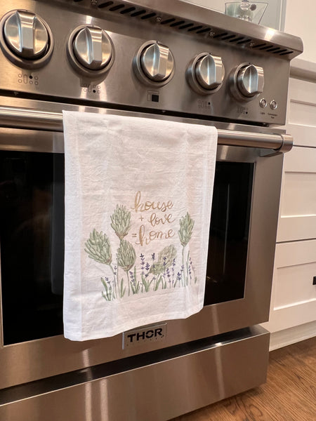 House + Love = Home, kitchen flour sack towel, Mothers Day, Shower gift, Realtor Gifts, Wedding gift for her, New Home, Housewarming