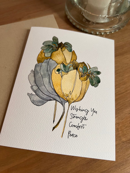 Sympathy Card / strength, comfort and peace / watercolor and ink / single folded card / blank inside / Kraft envelope