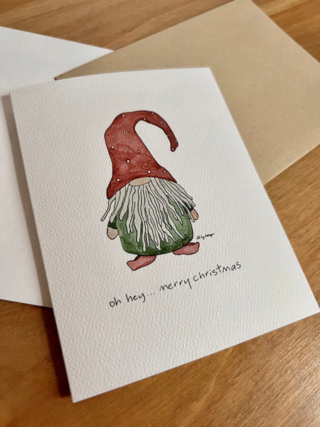 Christmas Gnome Christmas card, Oh Hey...Merry Christmas, watercolor and ink, Holiday card blank inside, White or Kraft envelope