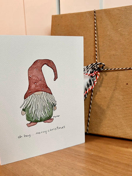 Christmas Gnome Christmas card, Oh Hey...Merry Christmas, watercolor and ink, Holiday card blank inside, White or Kraft envelope