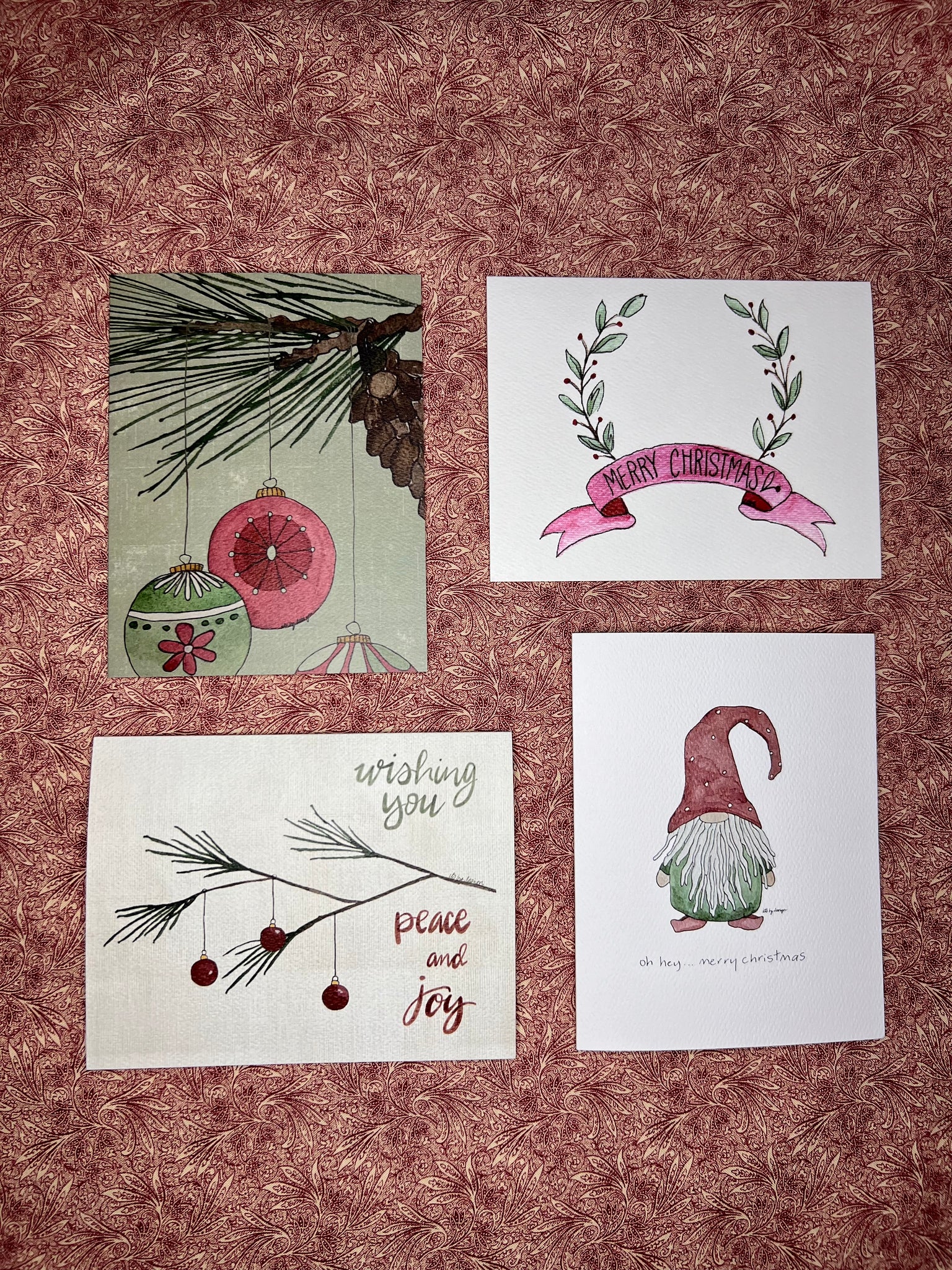 Christmas cards set of 4 / Holiday cards set / Gnome / Ornaments / Pine / Merry Christmas