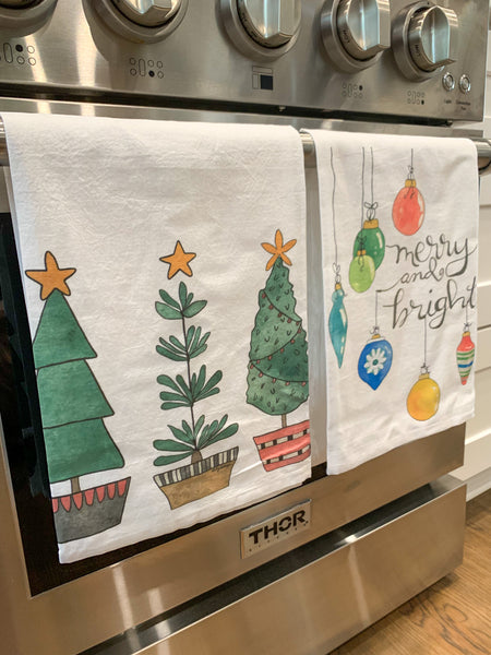 Three Trees Christmas towel, flour sack towel, Christmas gift, Hostess gift, Christmas Kitchen decor, Christmas trees, Kitchen towel