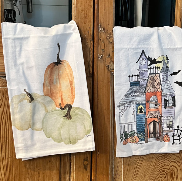 Flour Sack Towel, Halloween Haunted House, 100% Cotton, from original Watercolor, Hostess Gift, October Birthday gift