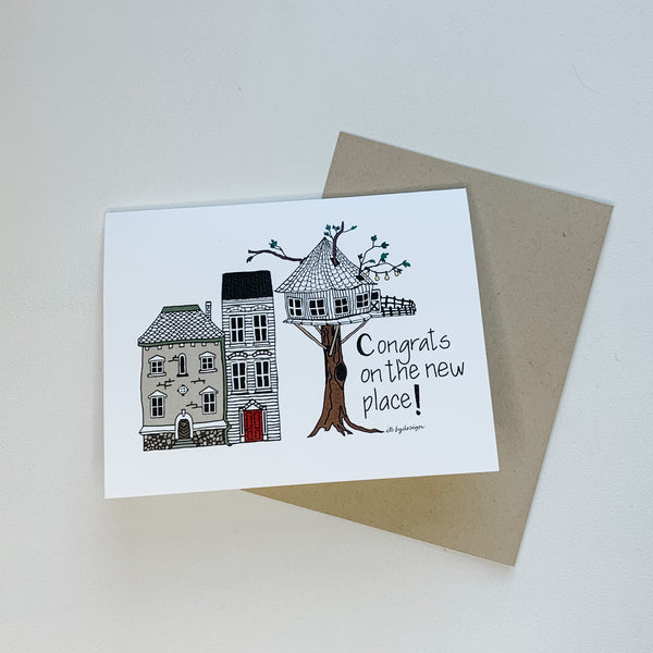 Congratulations on the new place! card / watercolor and ink / single folded card / blank inside / Kraft envelope / new home