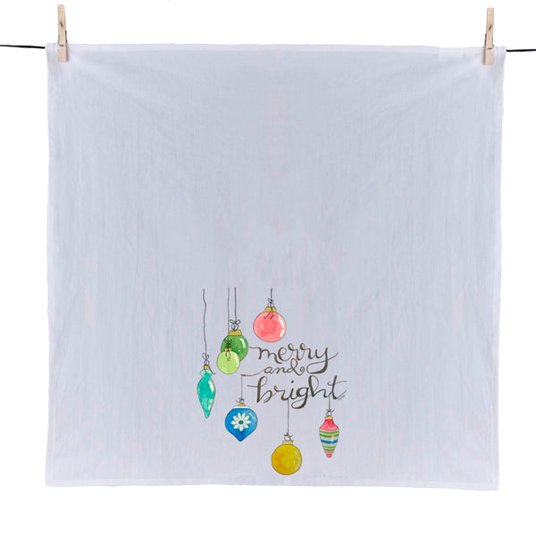 Merry & Bright Christmas ornaments towel, flour sack towel, Christmas gift, Hostess gift, Christmas Kitchen decor, Kitchen towel