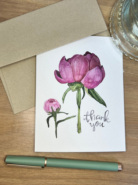 Thank You Card / pink peony with little bud / watercolor / folded card / blank inside / Kraft envelope