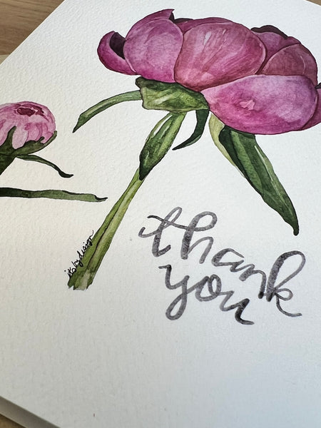 pink peony bud and opening flower in watercolor on a thank you card, blank inside