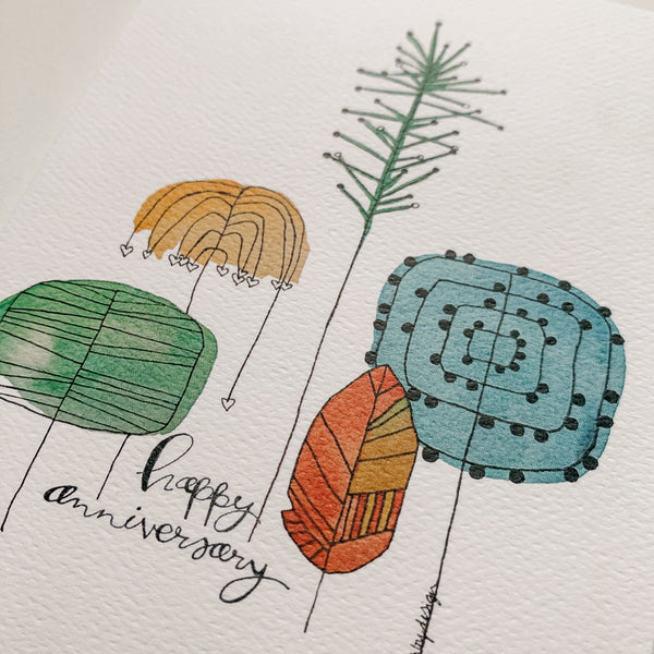 Happy Anniversary with trees card / watercolor and ink / single folded card / blank inside / Kraft envelope