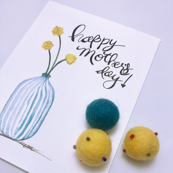 Mother's Day Card /vase of Craspedia Billy Balls / watercolor and ink / single folded card / blank inside / Kraft envelope