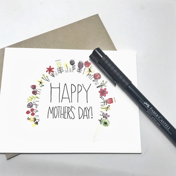 Mother's Day Card /arc of flowers / watercolor and ink / single folded card / blank inside / Kraft envelope