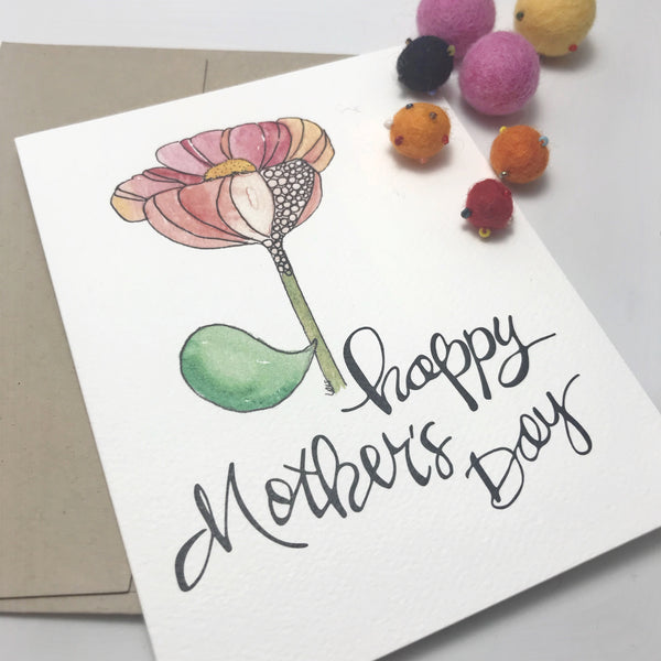 Mother's Day Card /flower stem / watercolor and ink / single folded card / blank inside / Kraft envelope