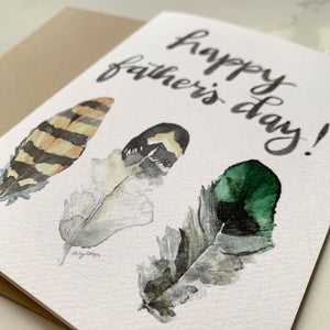 Happy Father's Day Card /three painted feathers / watercolor and ink / single folded card / blank inside / Kraft envelope