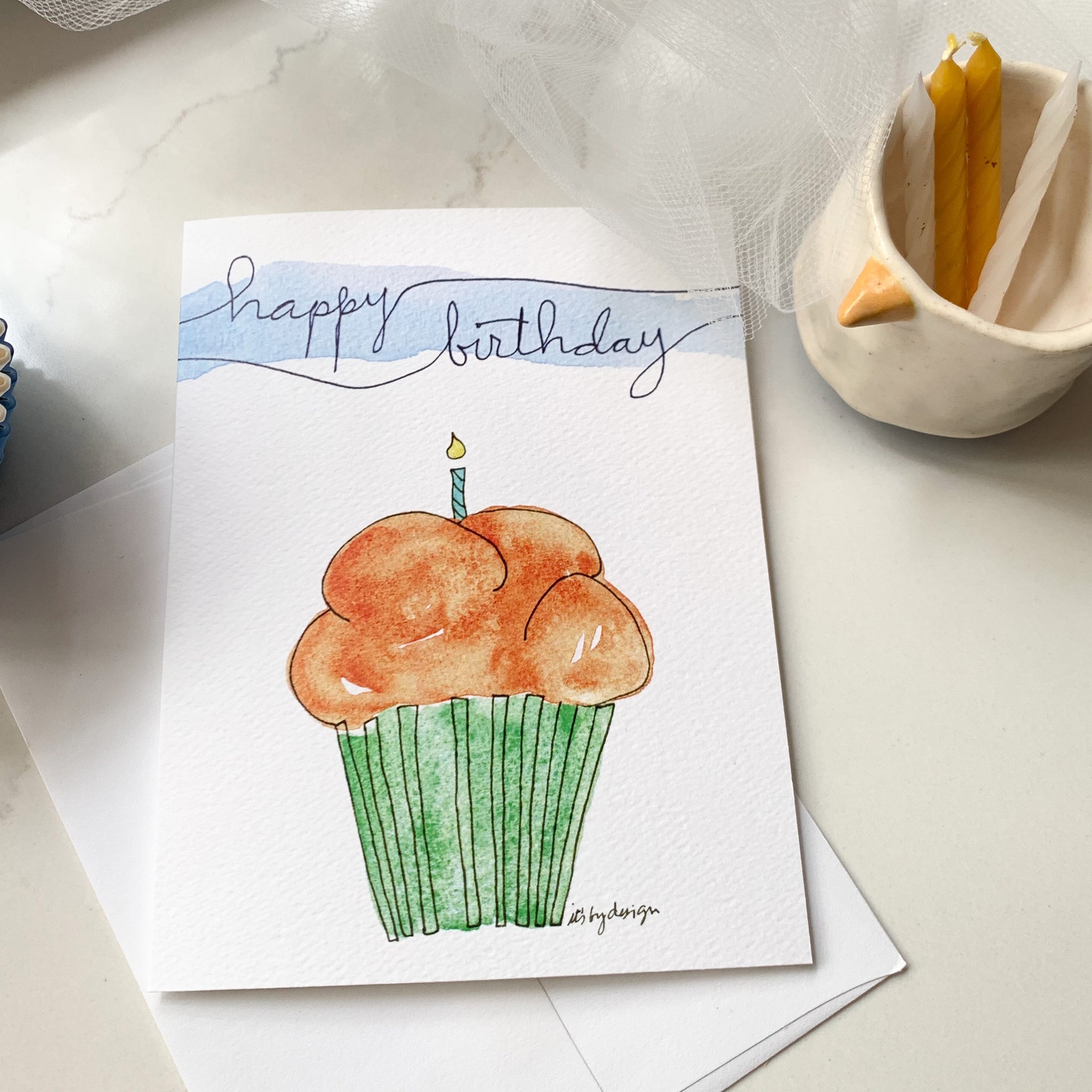Orange Cupcake Personalized Birthday Card / watercolor and ink / single folded card / blank inside / white envelope