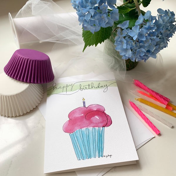 Pink Cupcake Personalized Birthday Card / watercolor and ink / single folded card / blank inside / white envelope