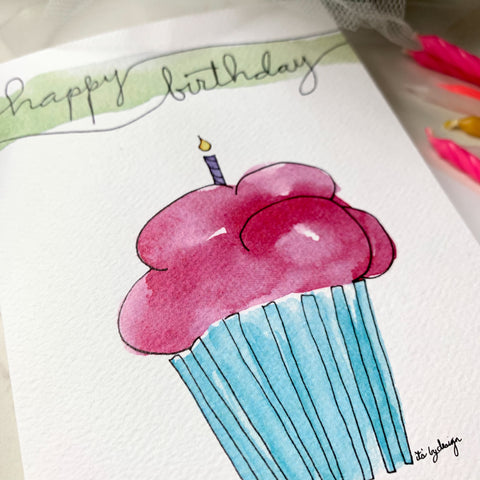 Pink Cupcake Personalized Birthday Card / watercolor and ink / single folded card / blank inside / white envelope