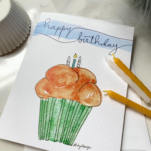 Orange Cupcake Personalized Birthday Card / watercolor and ink / single folded card / blank inside / white envelope