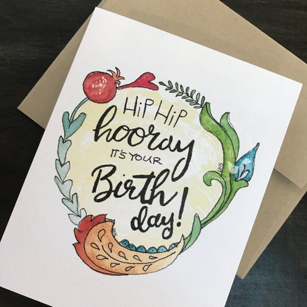 Birthday Card / watercolor and ink / Hip Hip Hooray / Happy Birthday /Kraft envelope
