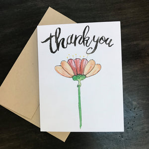 Thank You Card / watercolor and ink / single folded card / blank inside / Kraft envelope