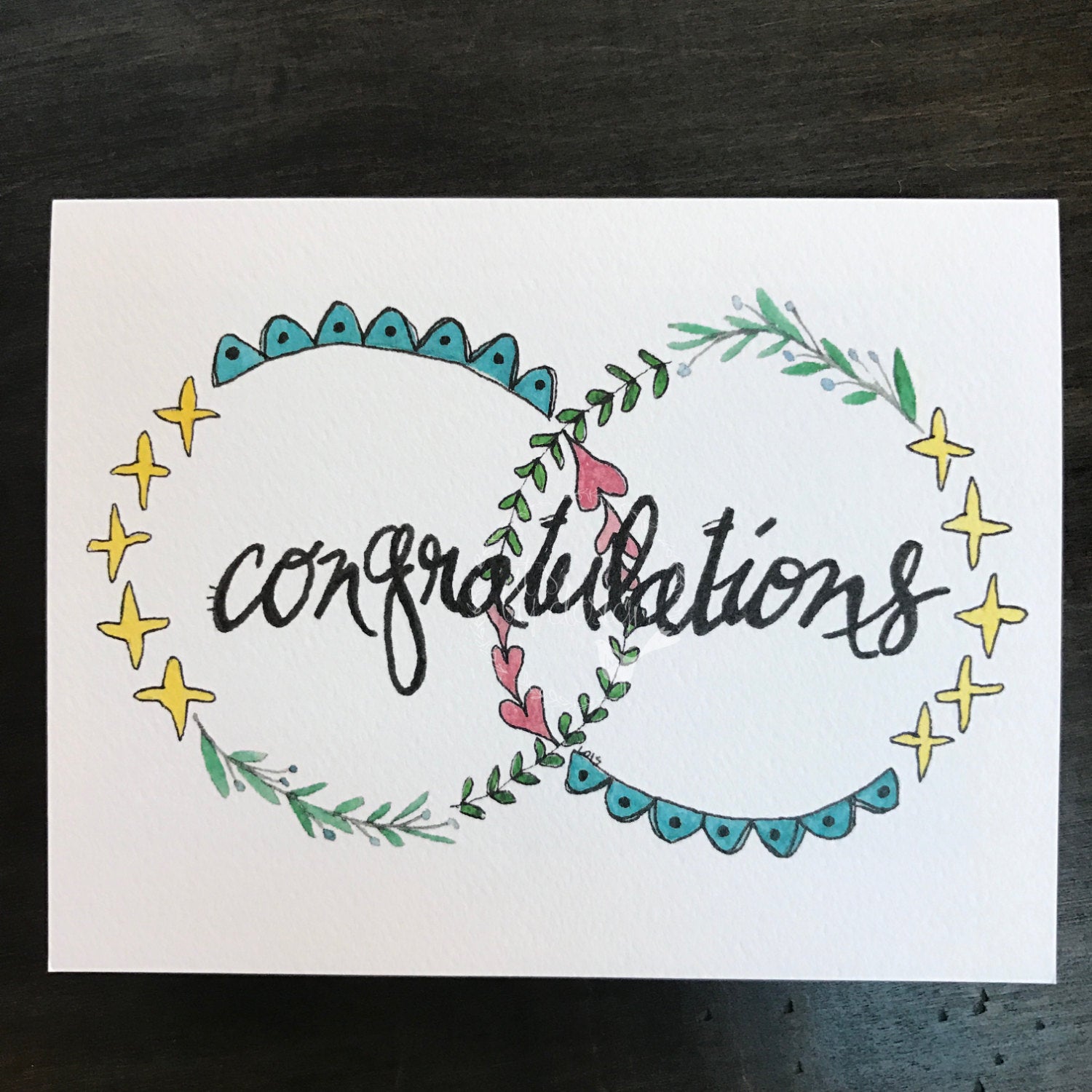 Congratulations Card / watercolor and ink / single folded card / blank inside / Kraft envelope