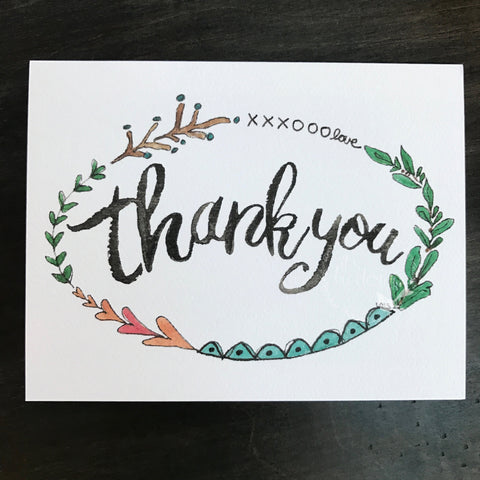 Thank You Card  with border / watercolor and ink / single folded card / blank inside / Kraft envelope