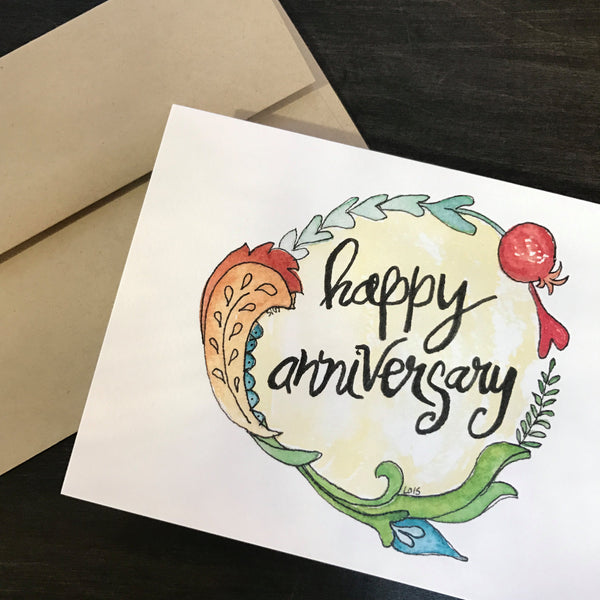 Happy Anniversary Card II / watercolor and ink / single folded card / blank inside / Kraft envelope