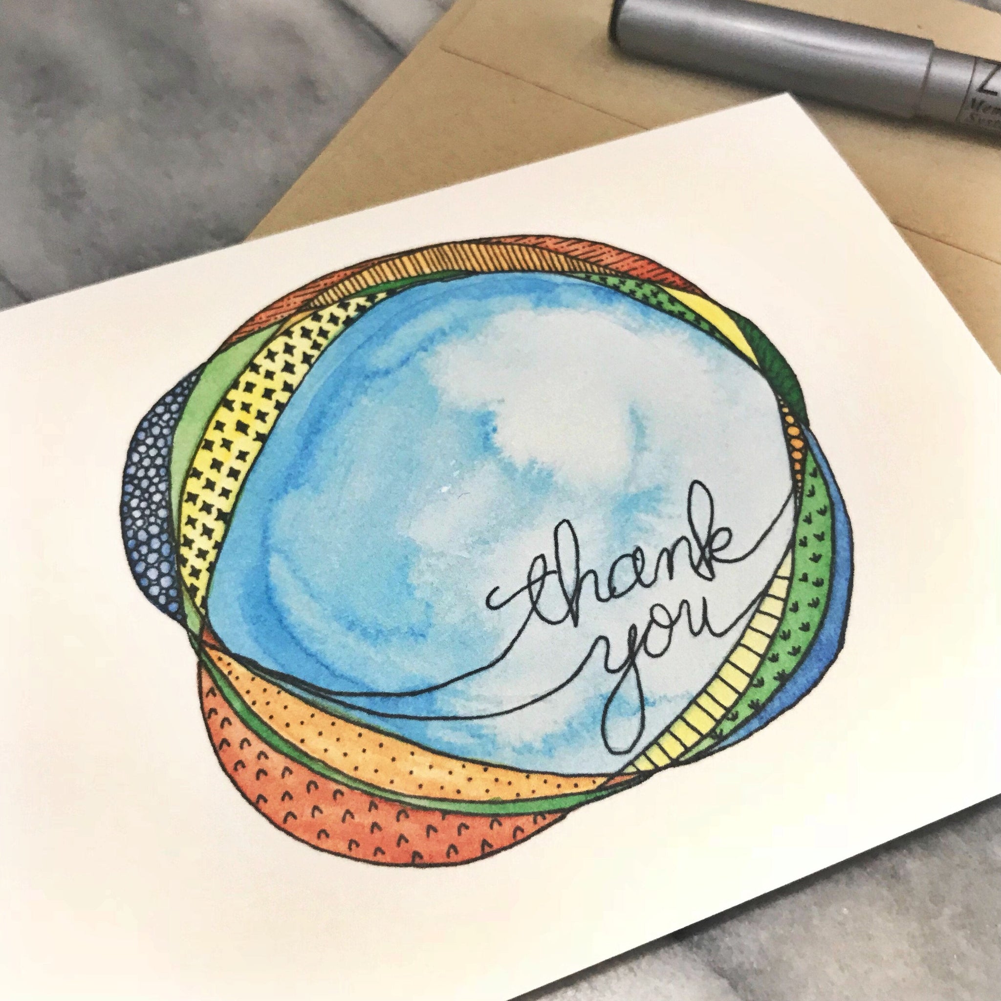 Thank You Card / blue with doodles / watercolor and ink / blank inside / Kraft envelope