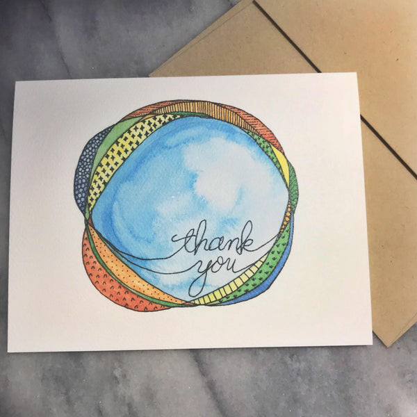 Thank You Card / blue with doodles / watercolor and ink / blank inside / Kraft envelope